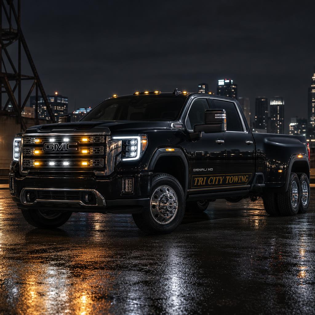 Tri City Towing black GMC Sierra 3500 HD Denali crew cab dually with two rear tires on each side, concealed towing equipment, chrome Denali grille, eight organized yellow and white emergency lights, and gold TRI CITY TOWING lettering on the door